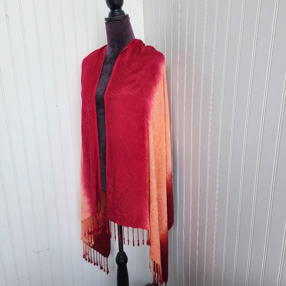 Rachele Burgundy Orange Ombré Scarf Fringe Viscose Soft 77"×28" - Picture 12 of 12
